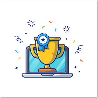 Gold trophy badge with laptop cartoon Posters and Art